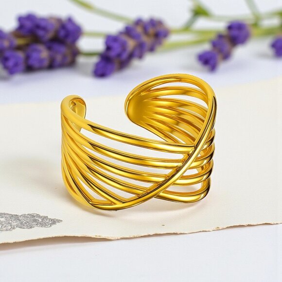 🆕 Modern Chic Crisscross Ring 18K Gold Plated Stainless Steel Adjustable Band - Picture 1 of 13